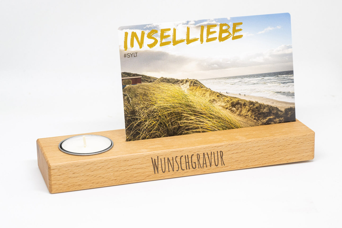 Kartenhalter Fotohalter aus Buchenholz mit Einfassung für ein Teelicht • individuelle Gravur • Teelichthalter