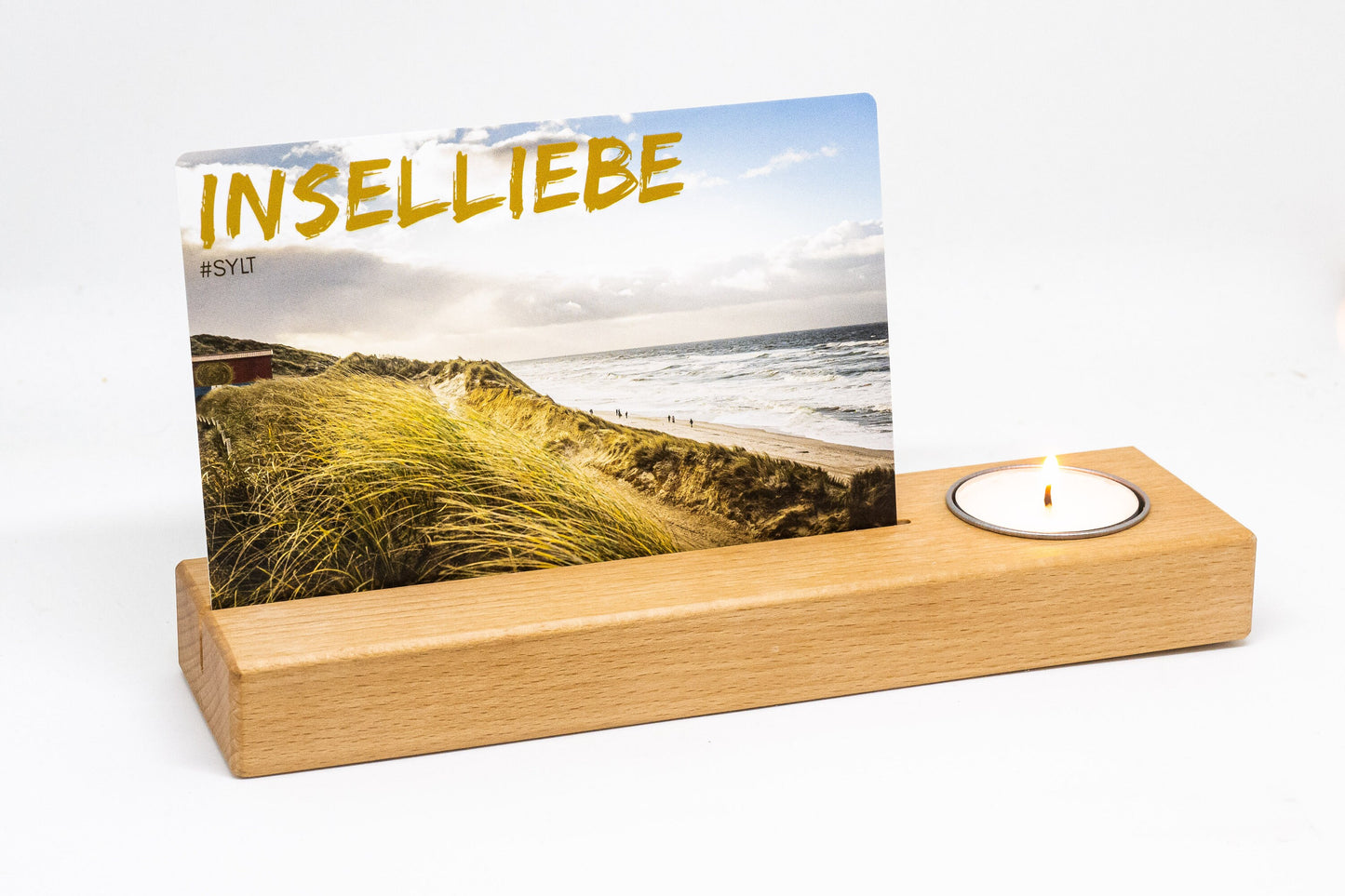 Kartenhalter Fotohalter aus Buchenholz mit Einfassung für ein Teelicht • individuelle Gravur • Teelichthalter