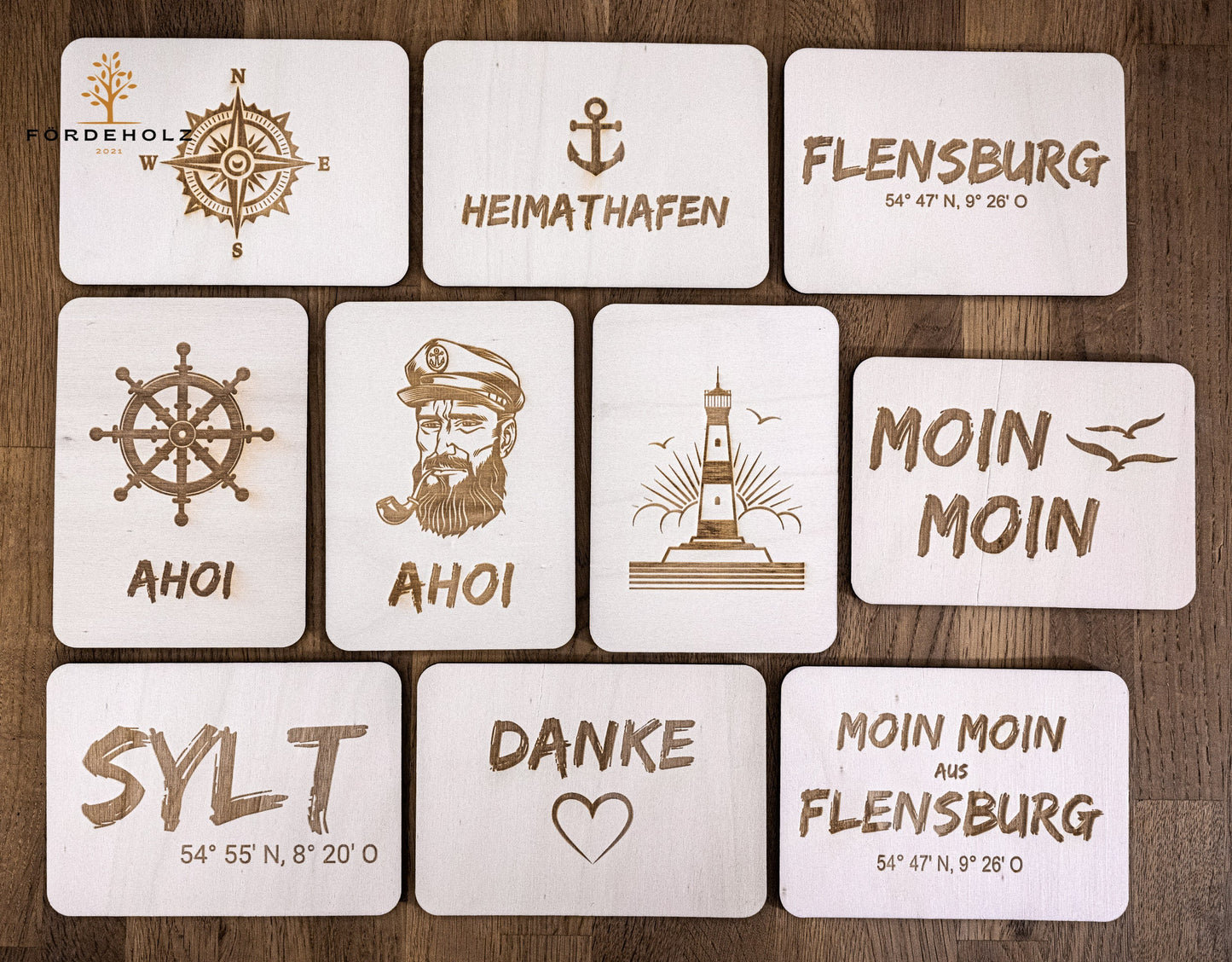 Holzpostkarte Flensburg - Postkarte aus Holz - Moin Moin - Holzkarte