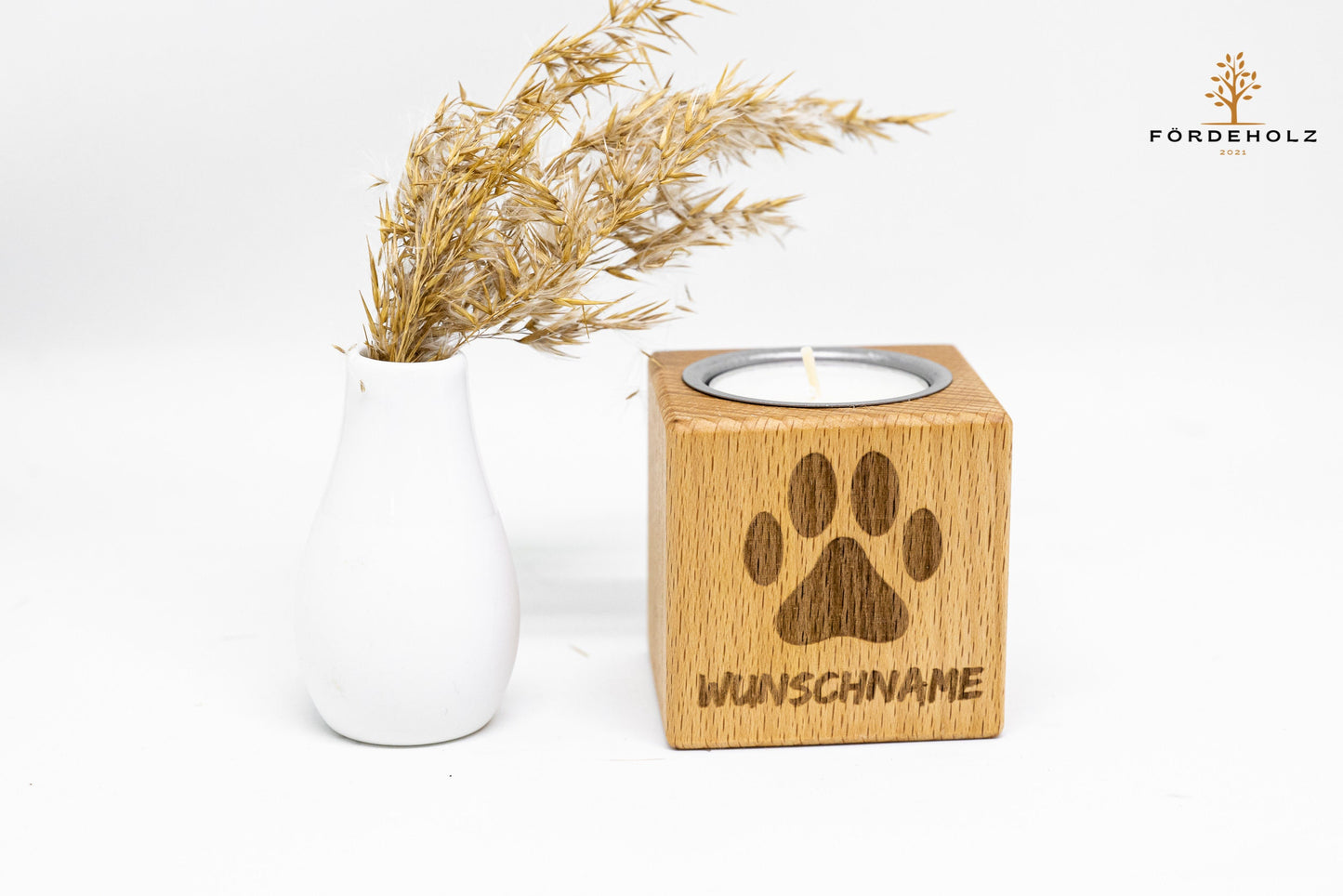 Trauerlicht Hund - Teelichthalter aus Buchenholz • mit Wunschgravur • Gedenkkerze • Trauerlicht Haustier Hund Katze • Windlicht • Teelicht