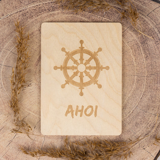 Maritime Holzpostkarte - Postkarte aus Holz - Steuerrad - Ahoi - maritim - Holzkarte