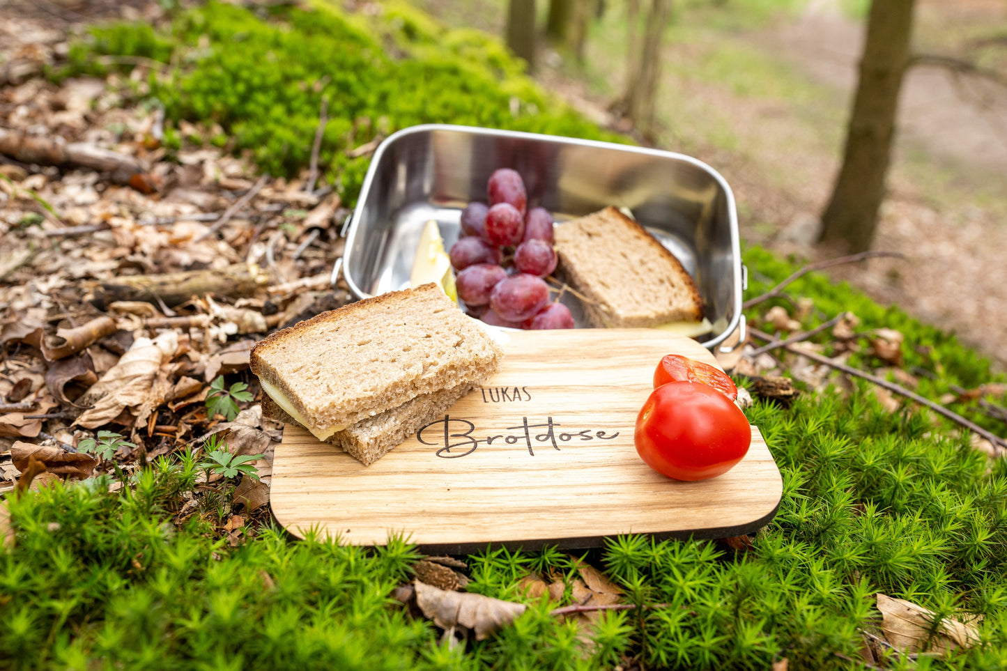 Brotdose / Lunchbox aus Edelstahl 1200ml - wasserdicht mit Schneidebrett 5mm - mit Wunschgravur