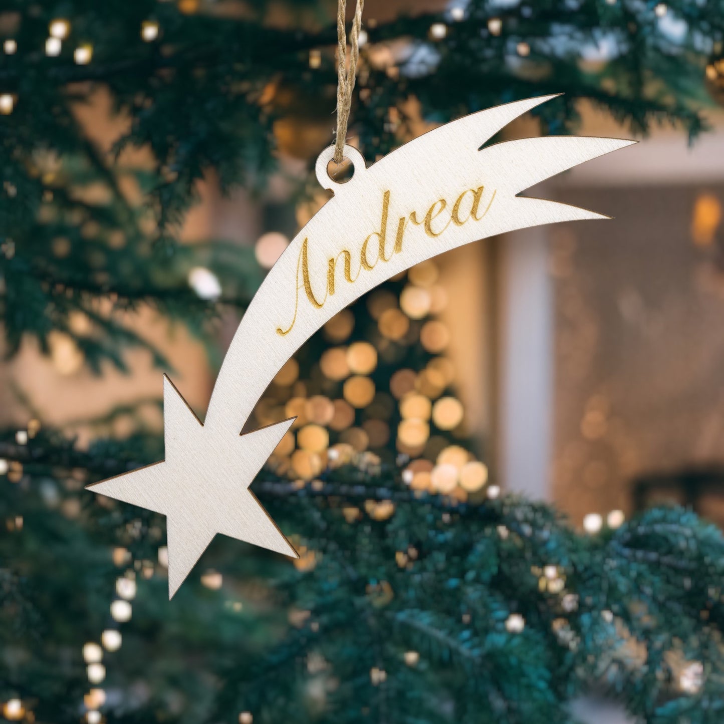 Holzanhänger mit Namen personalisierbar - Weihnachtsbaumanhänger aus Holz - Sternschnuppe
