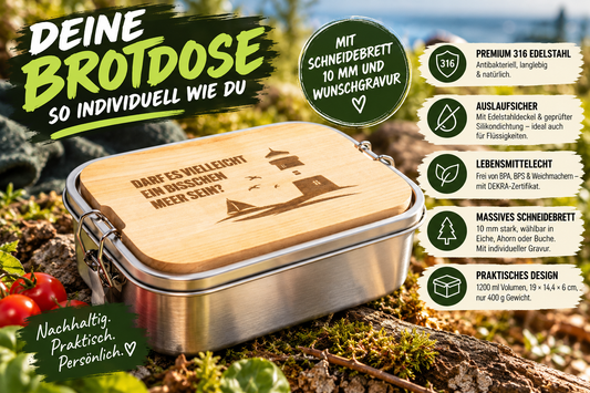 Brotdose aus Edelstahl 1200 ml mit Holz-Schneidebrett 10 mm & Wunschgravur
