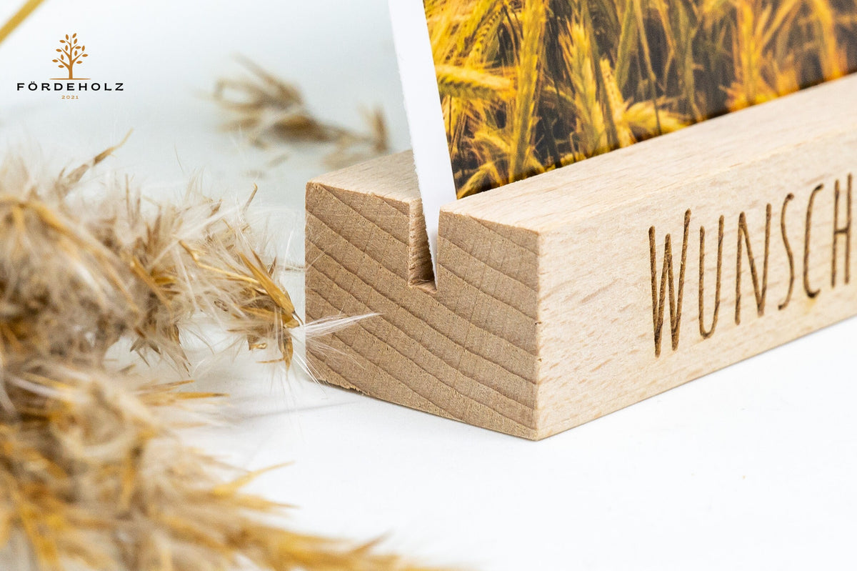 Foto- und Kartenhalter aus Holz mit Wunschgravur, Holzkartenhalter, Kartenaufsteller, Buchenholz, Geschenk Valentinstag