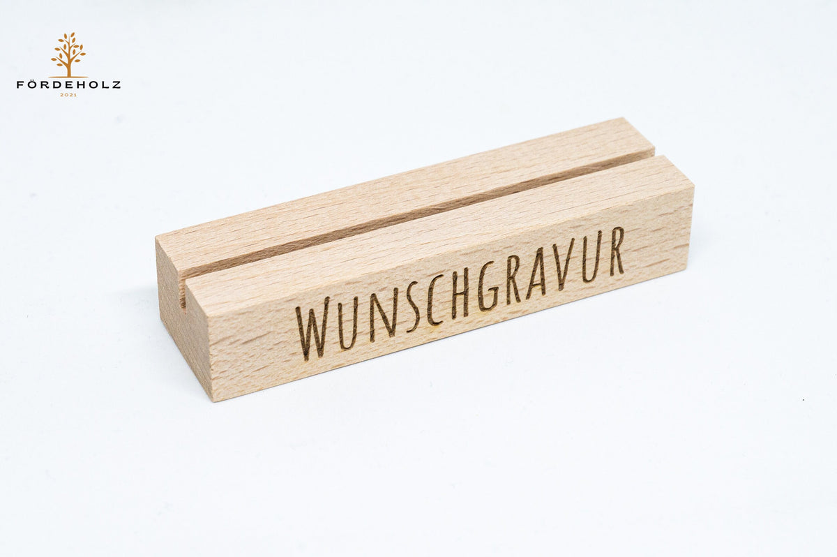 Foto- und Kartenhalter aus Holz mit Wunschgravur, Holzkartenhalter, Kartenaufsteller, Buchenholz, Geschenk Valentinstag
