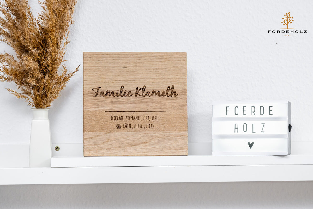 Holzschild mit Familiennamen als Gravur, Eiche, personalisiert, Schild, Familie, individuell, Geschenk, Türschild, Wunschgravur