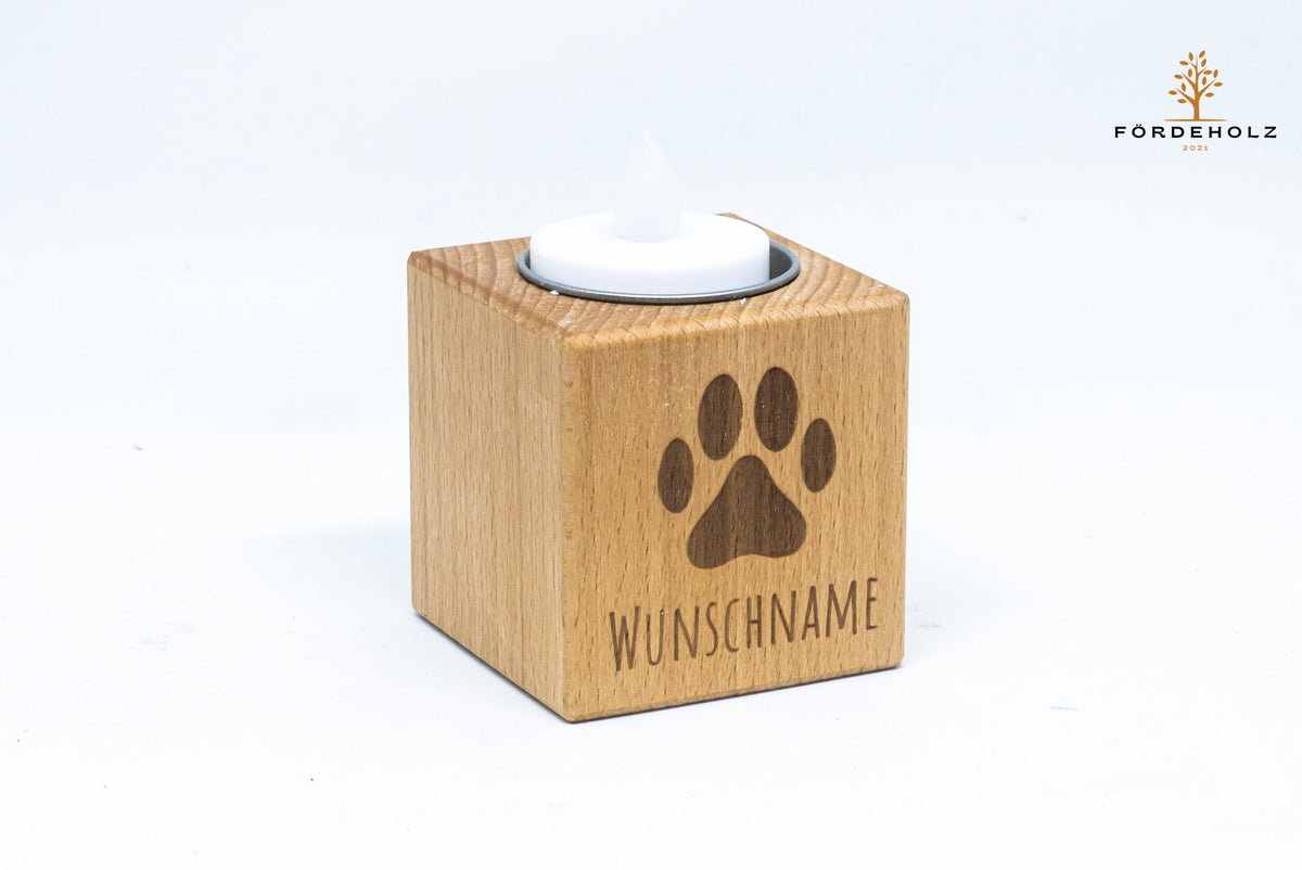 Trauerlicht Hund - Teelichthalter aus Buchenholz • mit Wunschgravur • Gedenkkerze • Trauerlicht Haustier Hund Katze • Windlicht • Teelicht