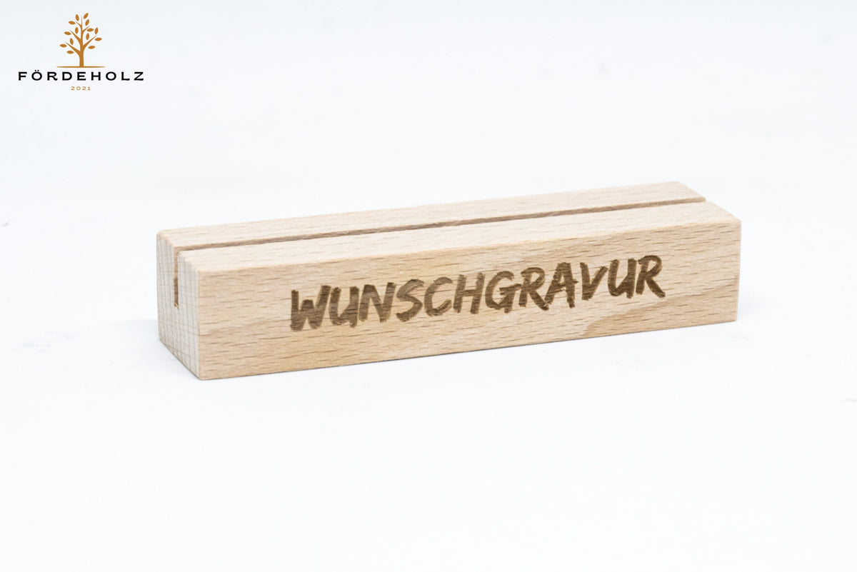 Foto- und Kartenhalter aus Holz mit Wunschgravur, Holzkartenhalter, Kartenaufsteller, Buchenholz, Geschenk Valentinstag