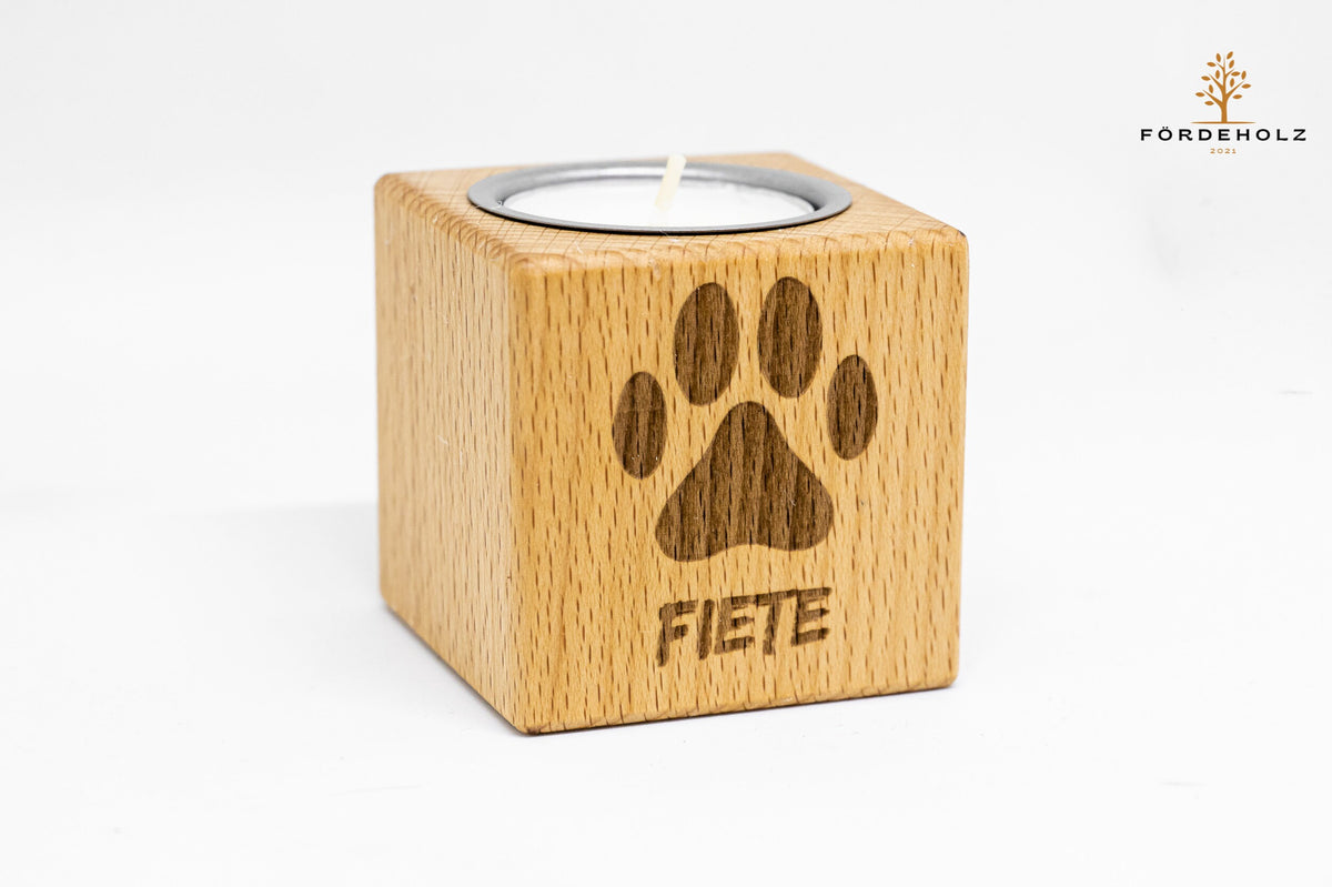 Trauerlicht Hund - Teelichthalter aus Buchenholz • mit Wunschgravur • Gedenkkerze • Trauerlicht Haustier Hund Katze • Windlicht • Teelicht