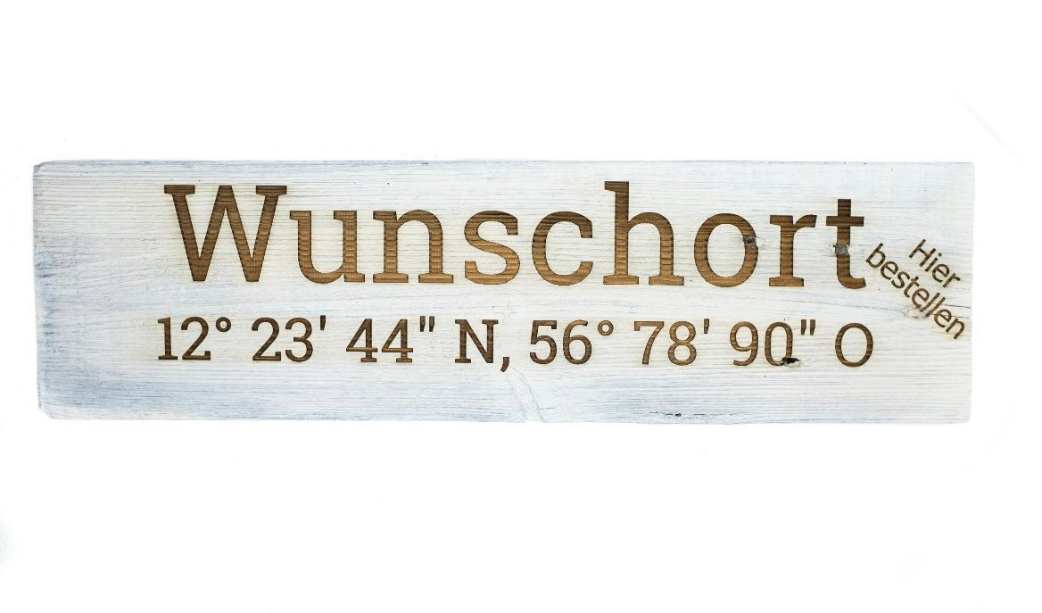 Palettenschild - Holzpalette, Holzschild mit Wunschgravur - Stadt- oder Ortsname mit Koordinaten - Holzschild - Koordinaten