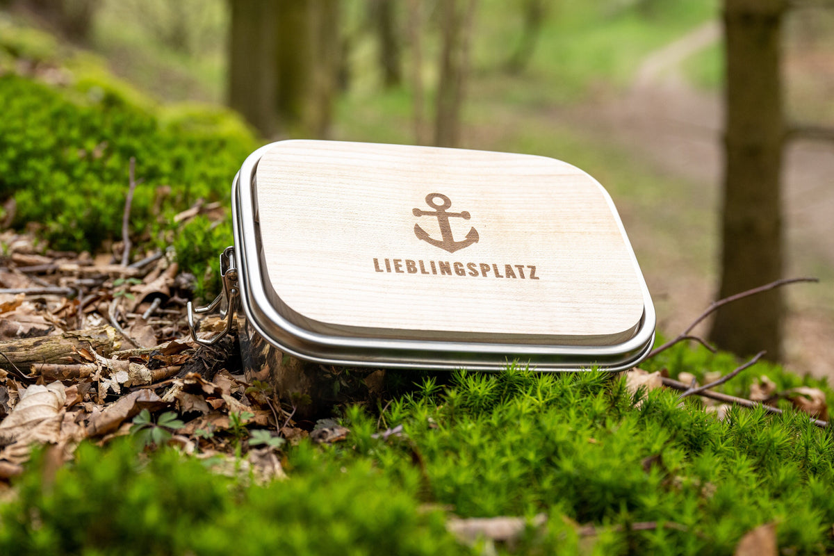 Brotdose / Lunchbox aus Edelstahl 1200ml - wasserdicht mit Schneidebrett 10mm - mit Wunschgravur