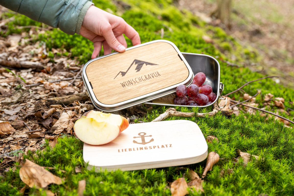 Brotdose / Lunchbox aus Edelstahl 1200ml - wasserdicht mit Schneidebrett 10mm - mit Wunschgravur