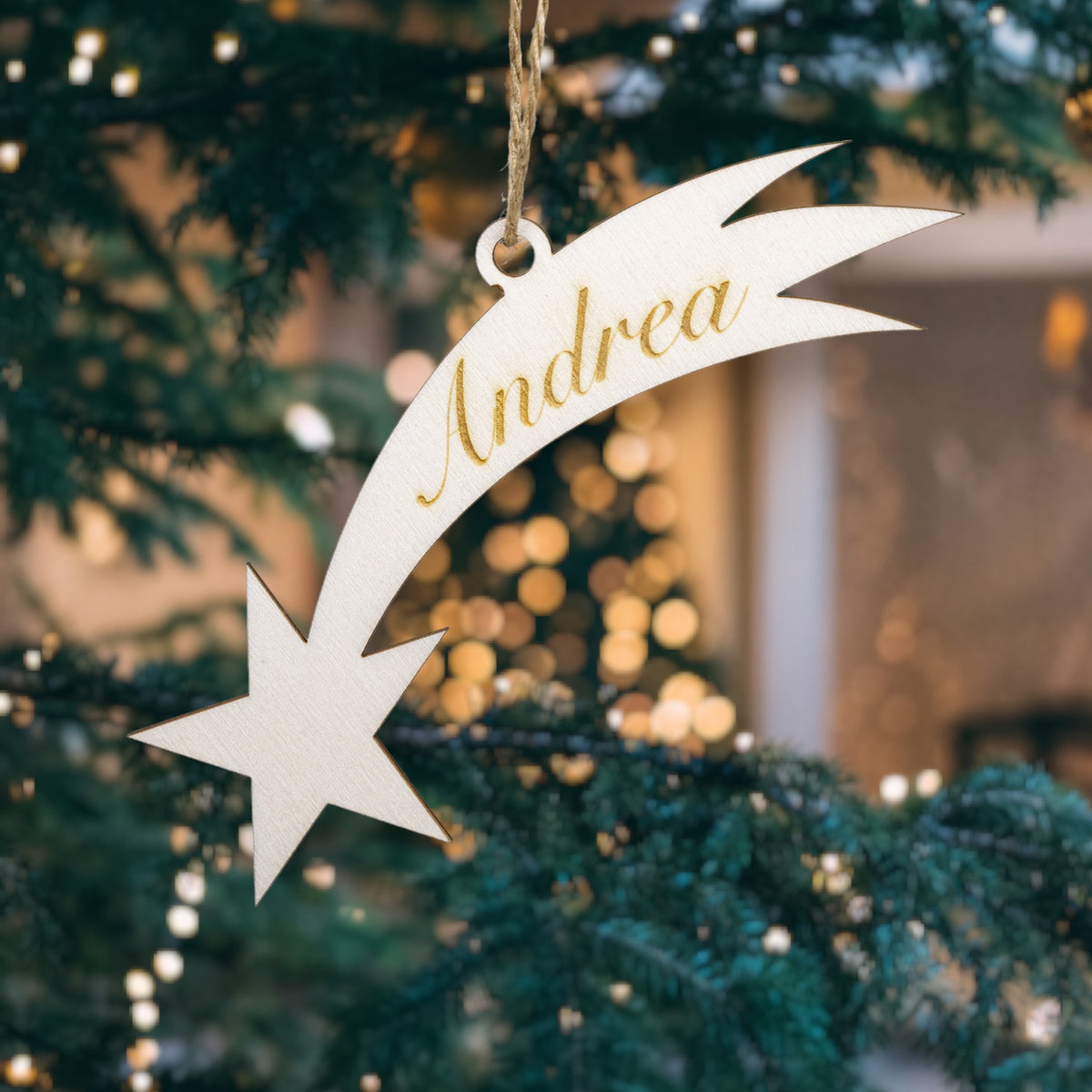Holzanhänger mit Namen personalisierbar - Weihnachtsbaumanhänger aus Holz - Sternschnuppe