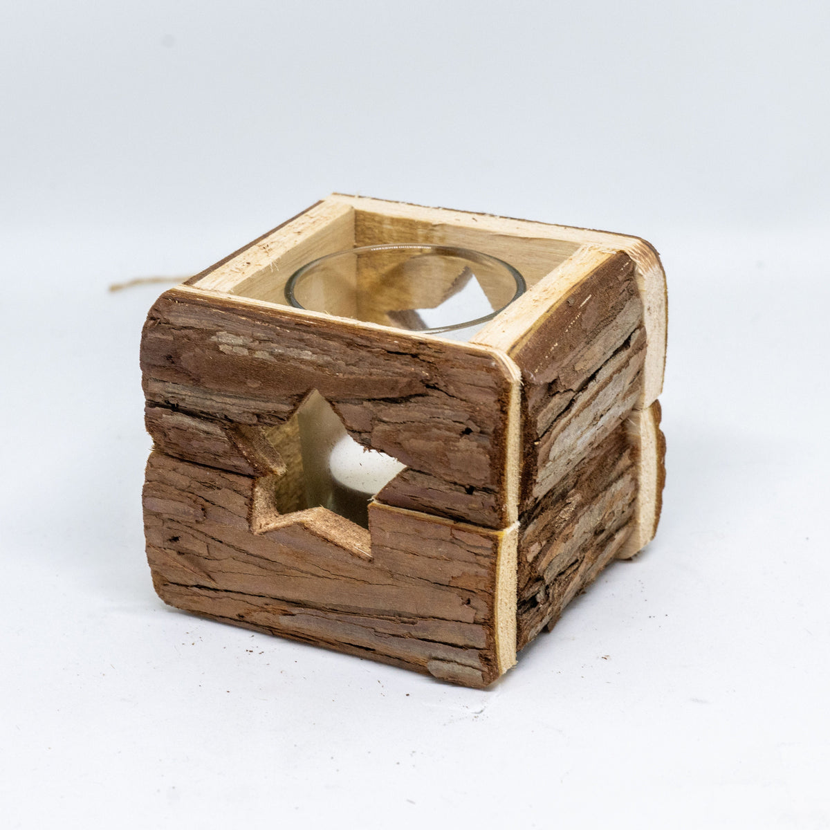 Rustikales Holz Windlicht mit Rinde - 9 x 9 cm