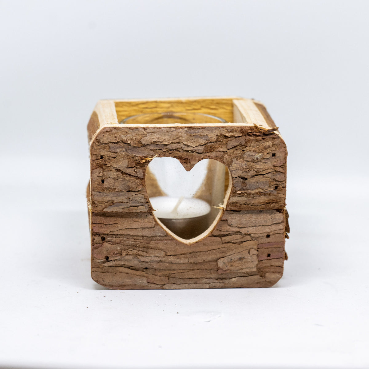 Rustikales Holz Windlicht mit Rinde - 9 x 9 cm