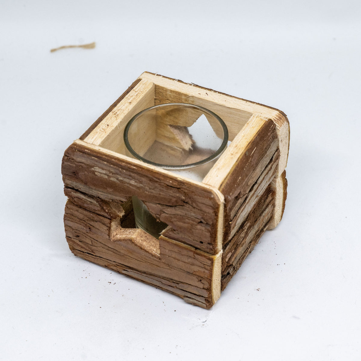 Rustikales Holz Windlicht mit Rinde - 9 x 9 cm