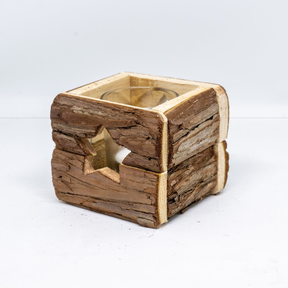Rustikales Holz Windlicht mit Rinde - 9 x 9 cm