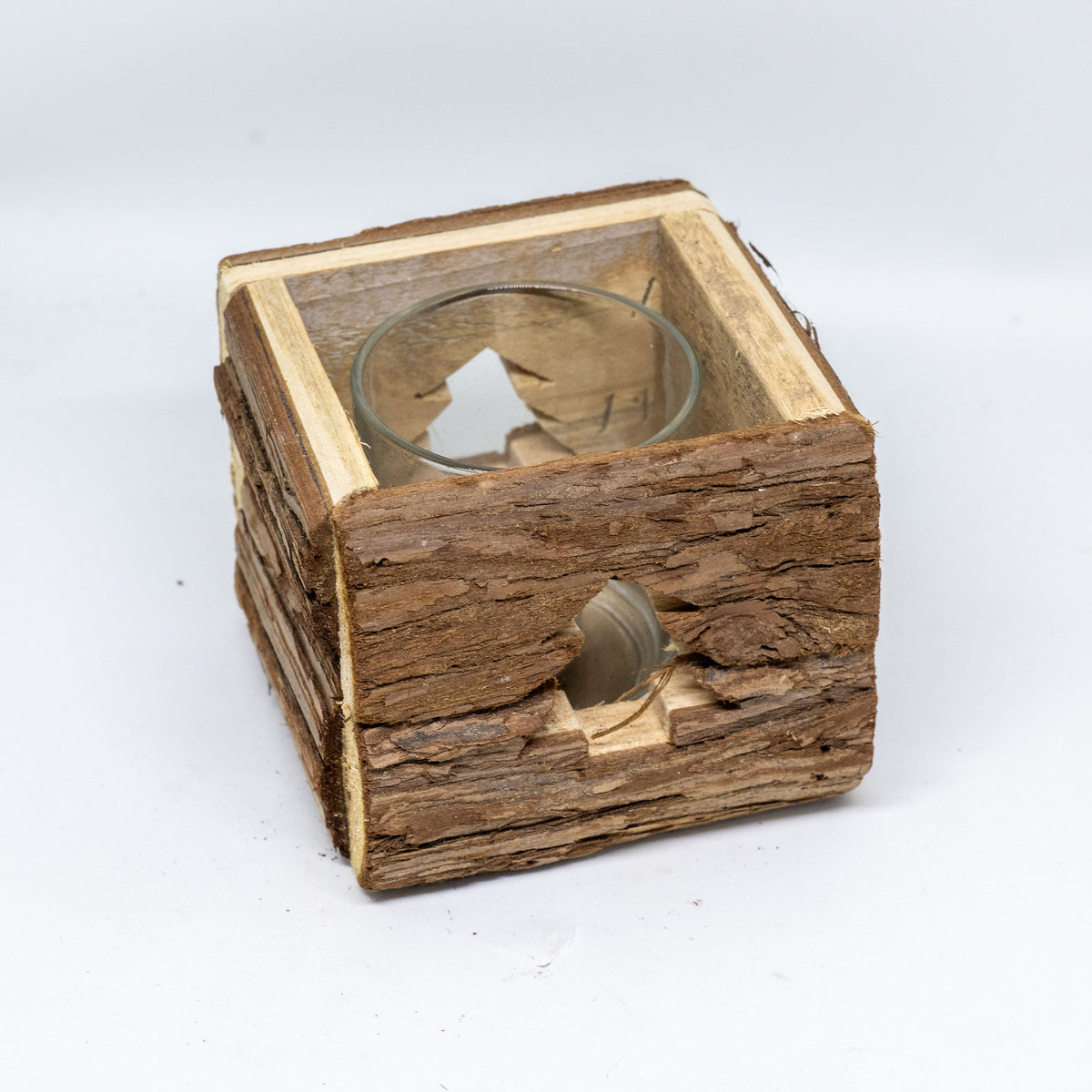 Rustikales Holz Windlicht mit Rinde - 11x11 cm