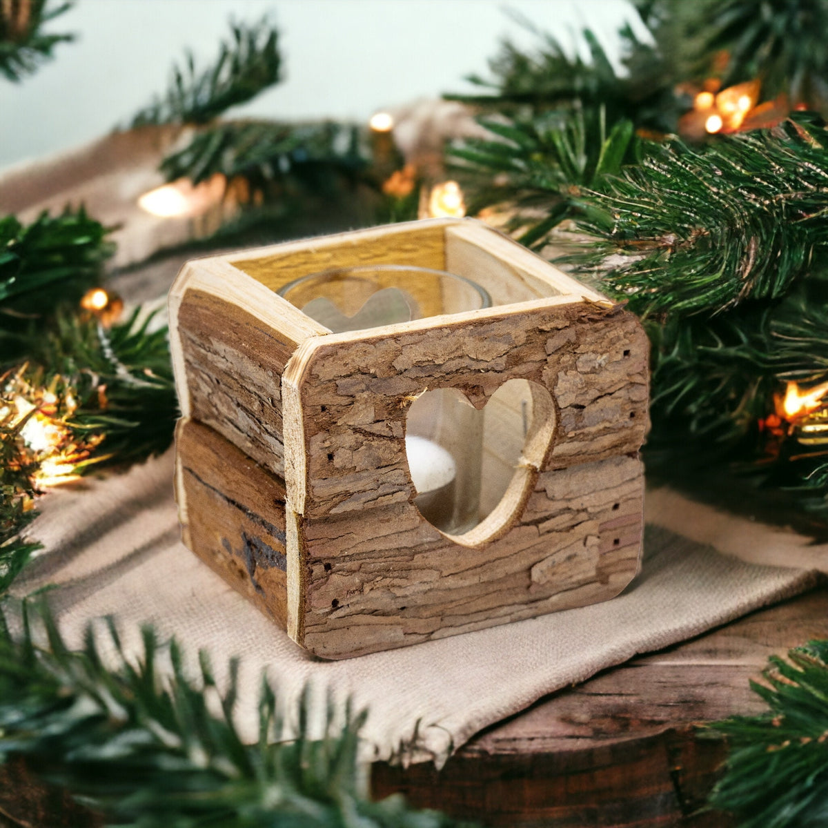 Rustikales Holz Windlicht mit Rinde - 9 x 9 cm