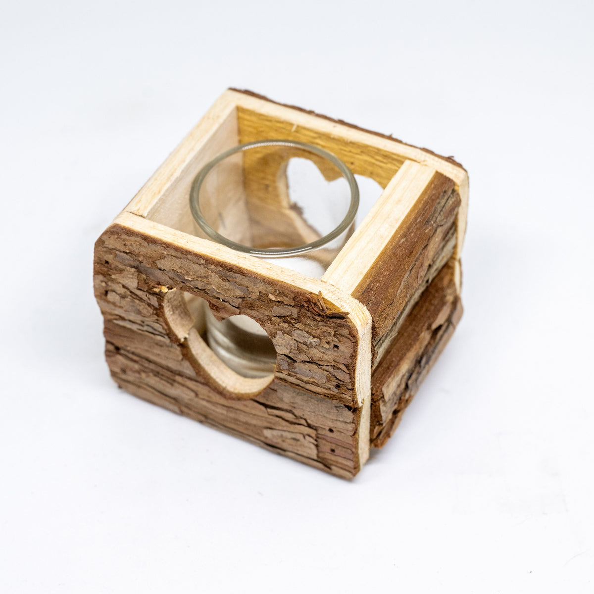 Rustikales Holz Windlicht mit Rinde - 9 x 9 cm