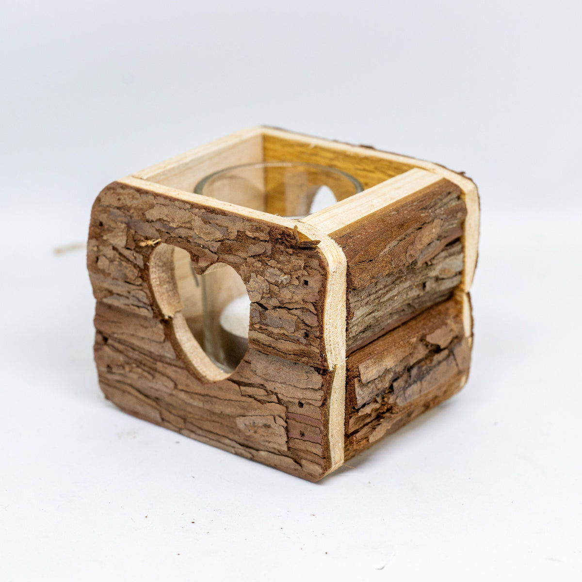 Rustikales Holz Windlicht mit Rinde - 9 x 9 cm