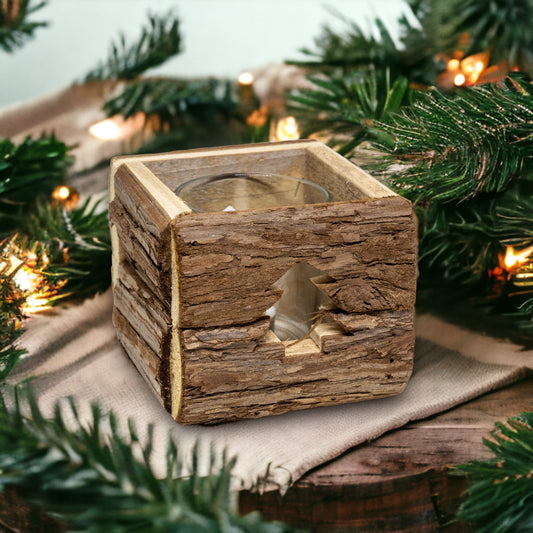Rustikales Holz Windlicht mit Rinde - 11x11 cm
