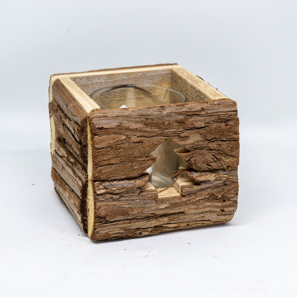 Rustikales Holz Windlicht mit Rinde - 11x11 cm