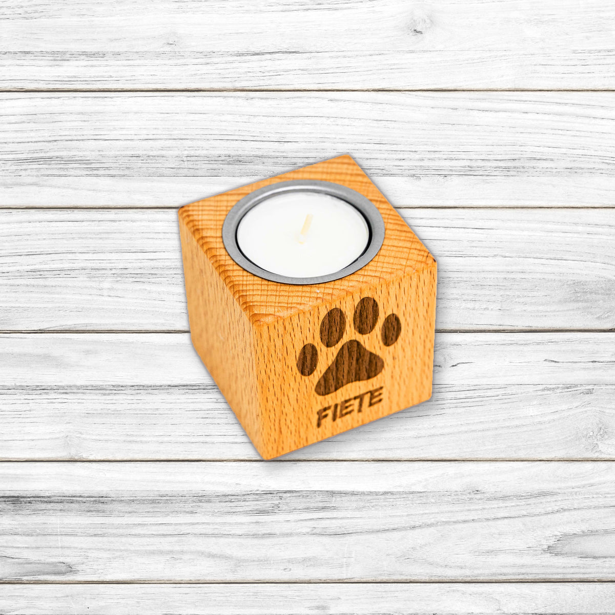 Trauerlicht Hund - Teelichthalter aus Buchenholz • mit Wunschgravur • Gedenkkerze • Trauerlicht Haustier Hund Katze • Windlicht • Teelicht