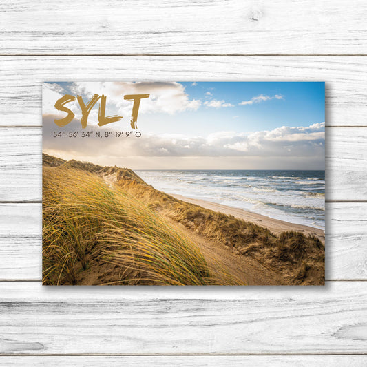 Postkarte "Sylt + Koordinaten" - Sylt - Düne und Nordsee - mit partiellem UV Lack - auf Wunsch mit passendem Kartenhalter