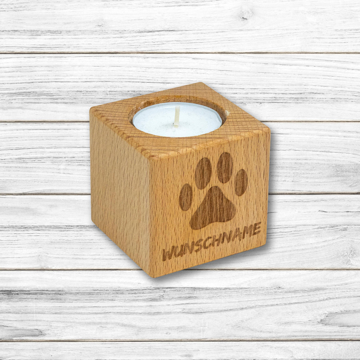 Trauerlicht Hund - Teelichthalter aus Buchenholz • mit Wunschgravur • Gedenkkerze • Trauerlicht Haustier Hund Katze • Windlicht • Teelicht