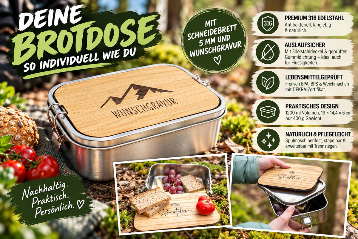 Brotdose / Lunchbox aus Edelstahl 1200ml - wasserdicht mit Schneidebrett 5mm - mit Wunschgravur