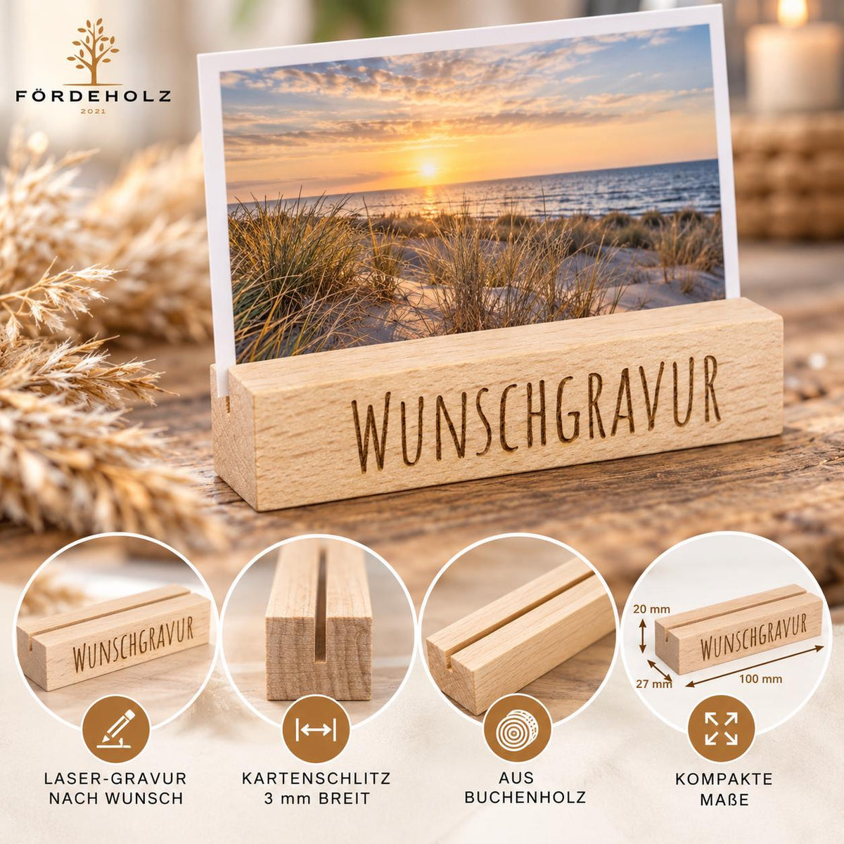 Foto- und Kartenhalter aus Holz mit Wunschgravur, Holzkartenhalter, Kartenaufsteller, Buchenholz, Geschenk Valentinstag