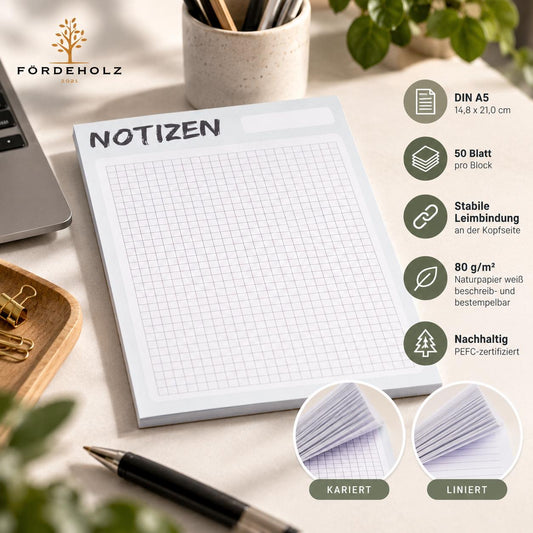 Notizblock DIN A5 50 Blatt kariert oder liniert - schlichtes Design - minimalistisch - Notizen