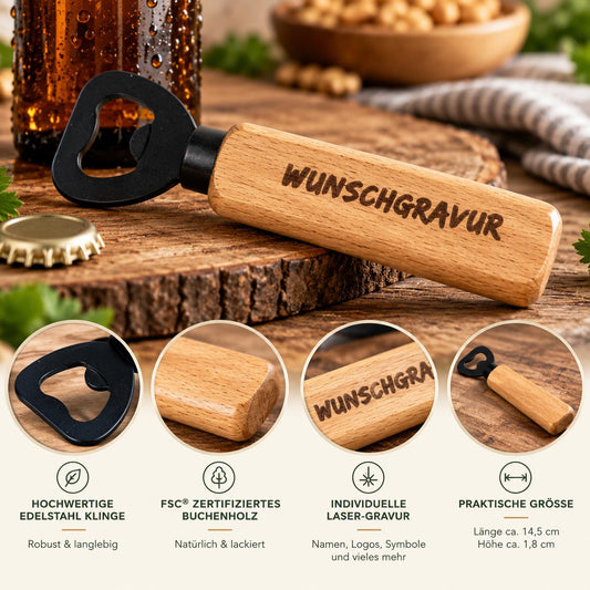 Flaschenöffner / Kapselheber mit schwarzer Edelstahl Klinge • FSC® Buche lackiert • individuelle Gravur • personalisiert