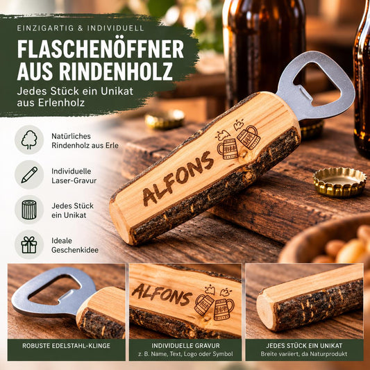 Flaschenöffner Holz mit Rinde - Rindenholz ca. 16 cm - Erle - Wunschgravur - personalisiert