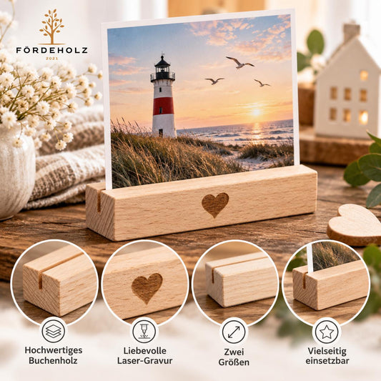 Foto- und Kartenhalter aus Holz, Holzkartenhalter, Kartenaufsteller, Buchenholz "Herz" Geschenk Valentinstag