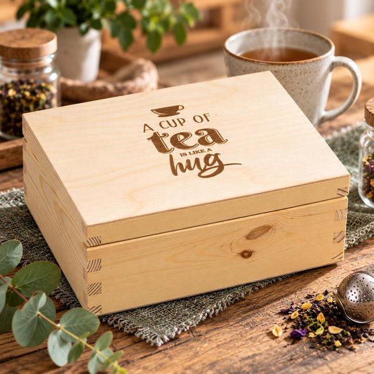Teebox mit Gravur • 6 Fächer • 22 x 16,5 x 7,8 cm • Fichtenholz • Teeliebhaber • Teekiste • Geschenkidee • Holz