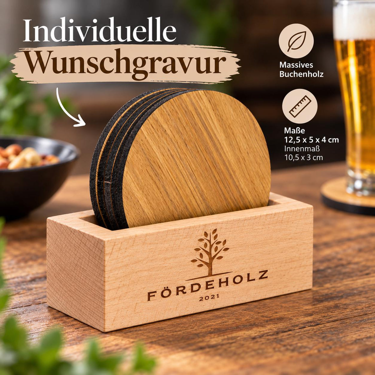 Bierdeckelhalter aus Buchenholz – Aufsteller 12,5 x 5 x 4 cm mit individueller Wunschgravur