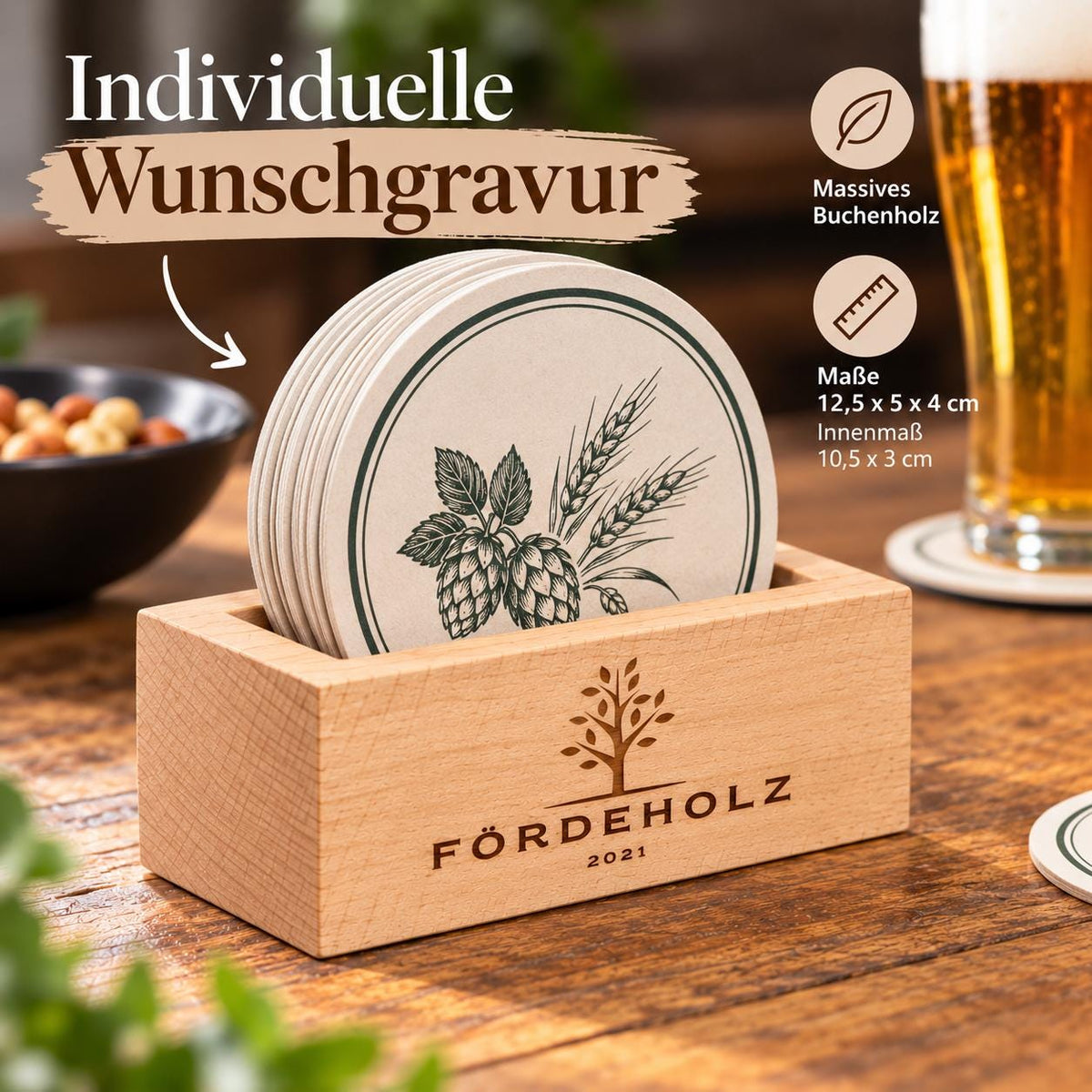 Bierdeckelhalter aus Buchenholz – Aufsteller 12,5 x 5 x 4 cm mit individueller Wunschgravur