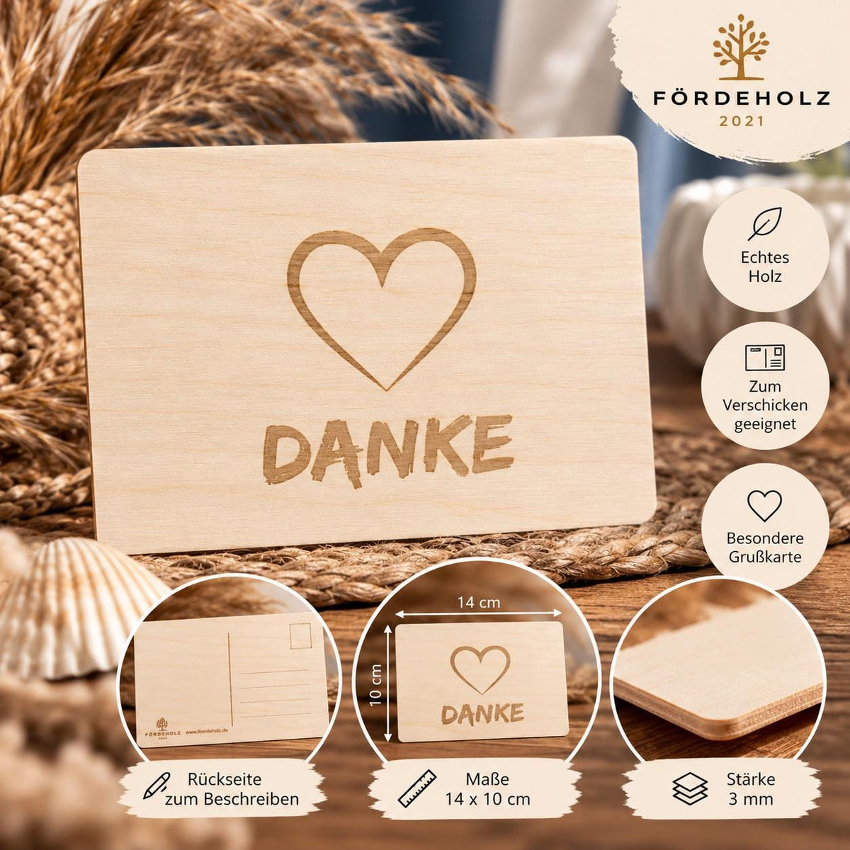 Holzpostkarte Danke Herz - Postkarte aus Holz - Danke - Muttertag - Holzkarte Valentinstag - Liebe