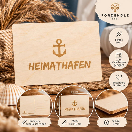 Holzpostkarte Heimathafen - Postkarte aus Holz - Anker - maritim - Holzkarte