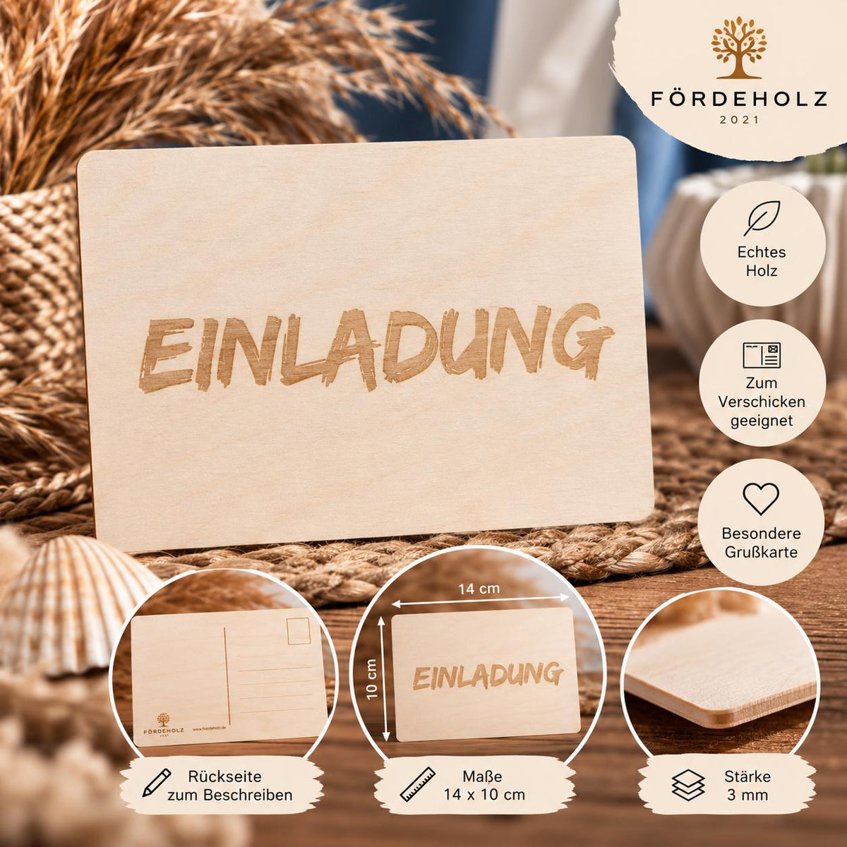 Holzpostkarte • Einladung • Einladungskarte • Holzkarte • Postkarte mit Lasergravur