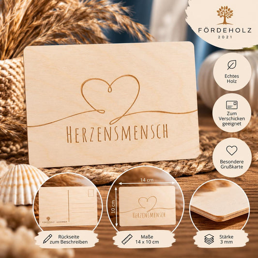 Holzpostkarte • Herzensmensch • Herz • Postkarte aus Holz • Liebe • Romantik • Holzkarte Valentinstag