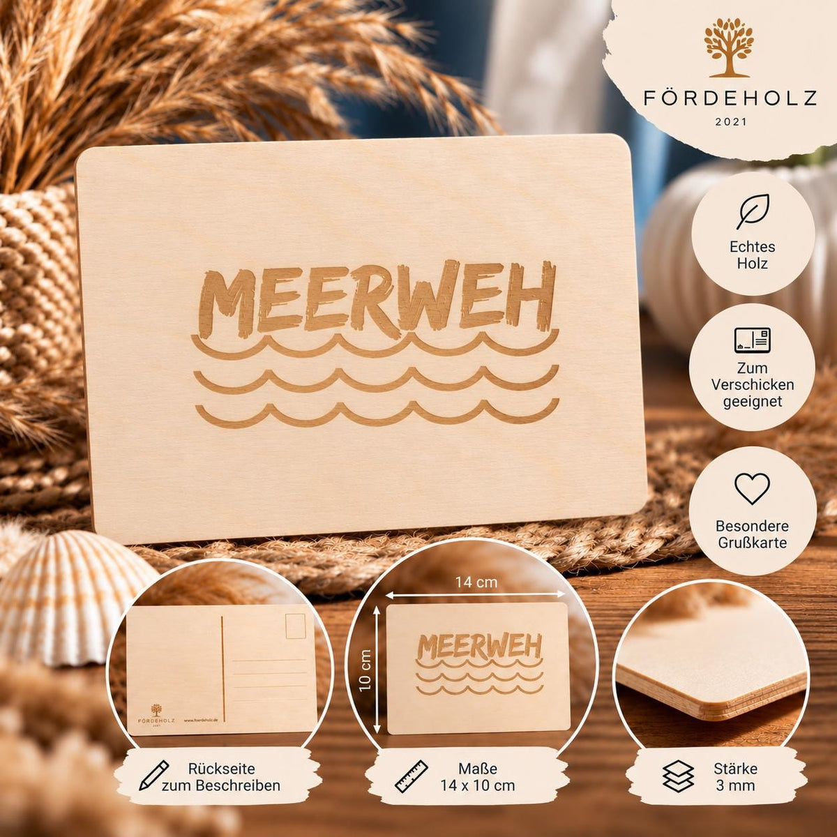 Holzpostkarte • Meerweh • maritim • Holzkarte • Postkarte mit maritimem Motiv - Lasergravur