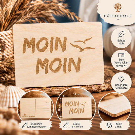 Holzpostkarte Moin Moin - Postkarte aus Holz - Möwen - Holzkarte - maritimes Design