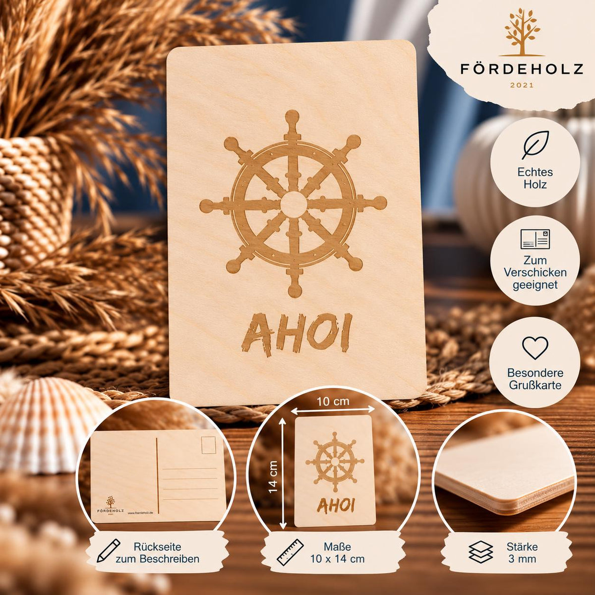 Maritime Holzpostkarte - Postkarte aus Holz - Steuerrad - Ahoi - maritim - Holzkarte