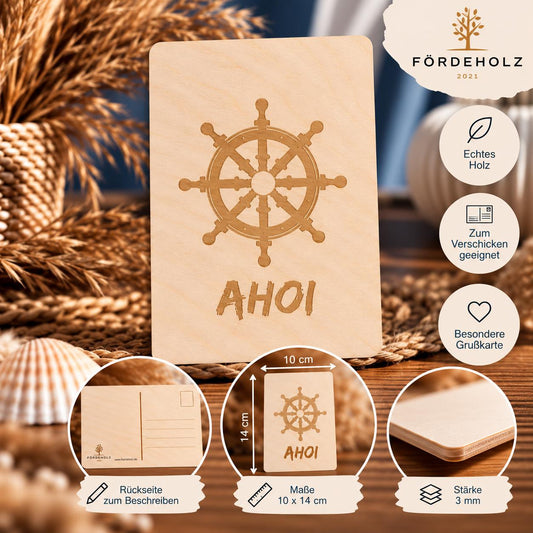 Maritime Holzpostkarte - Postkarte aus Holz - Steuerrad - Ahoi - maritim - Holzkarte