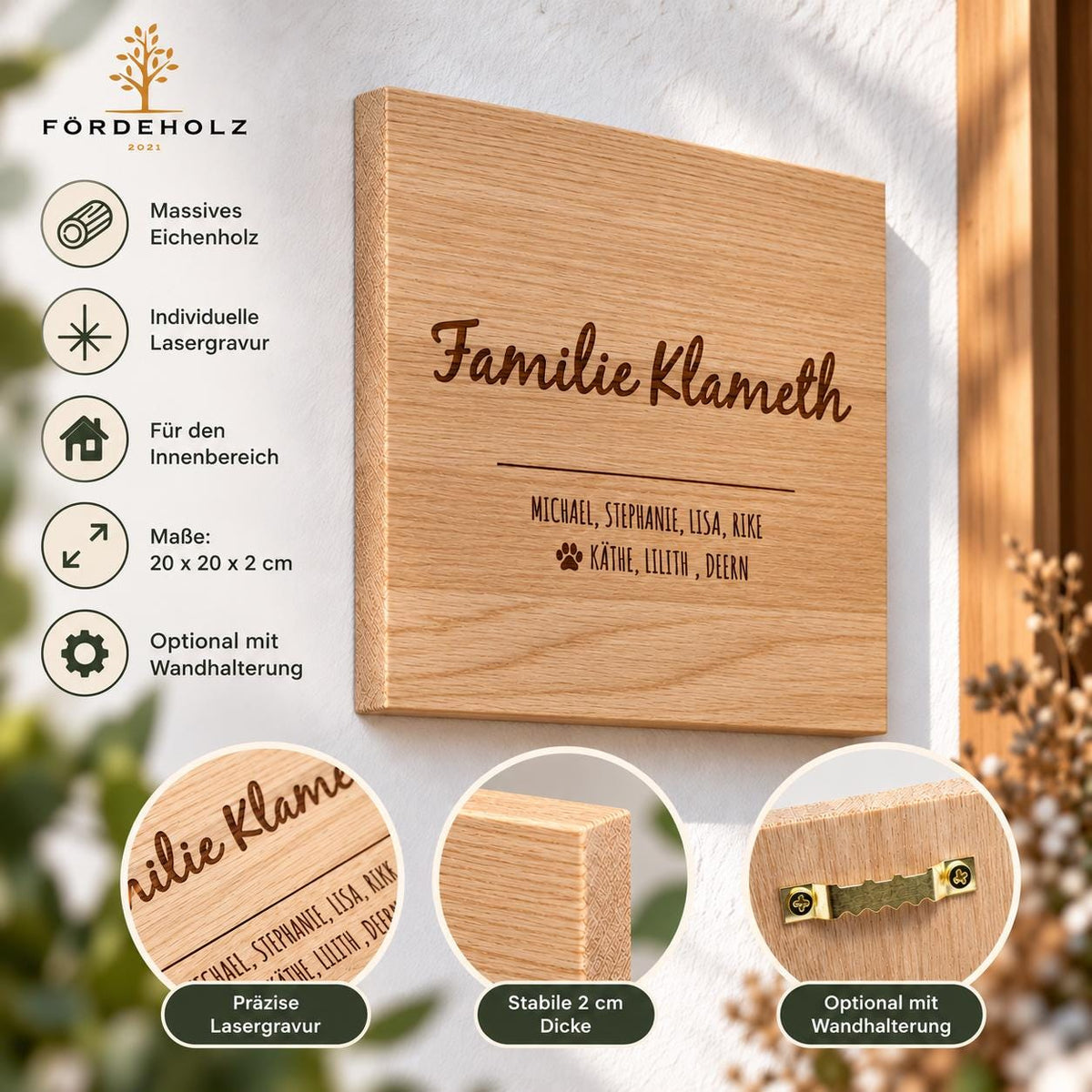 Holzschild mit Familiennamen als Gravur, Eiche, personalisiert, Schild, Familie, individuell, Geschenk, Türschild, Wunschgravur