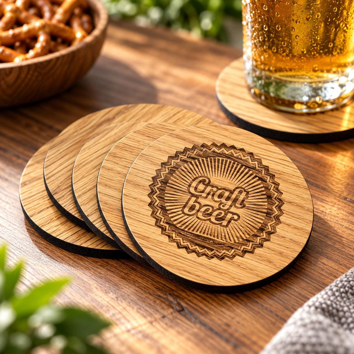 4er Set • Holz Untersetzer aus Eiche geölt 95mm • Glasuntersetzer • auf Wunsch mit individueller Gravur